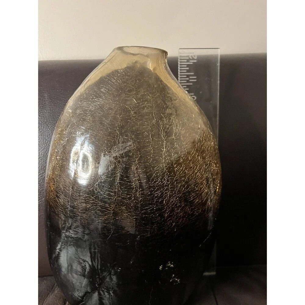 Italian Hand Blown Vase Murano Style 12” Amber Crackle Heavy Vintage